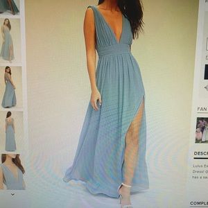 Light blue, double v neck, leg slit dress!